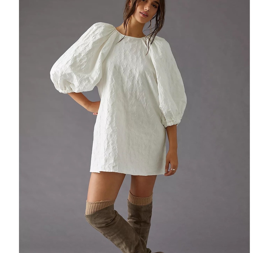 Stella Nova Jasmina Mini Dress Women 12 White Puff Sleeve Texture Jacquard Bride